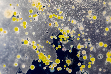 Backgrounds of Characteristics and Different shaped Colony of Bacteria and Mold growing on agar plates from Soil samples for education in Microbiology laboratory.
