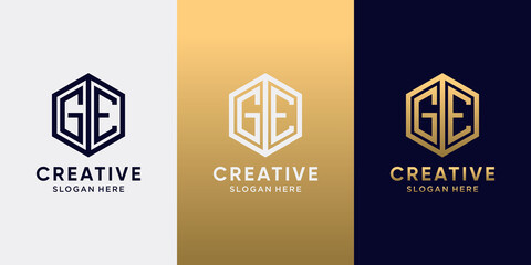 Creative monogram logo design initial letter GE with line art style and hexagon concept