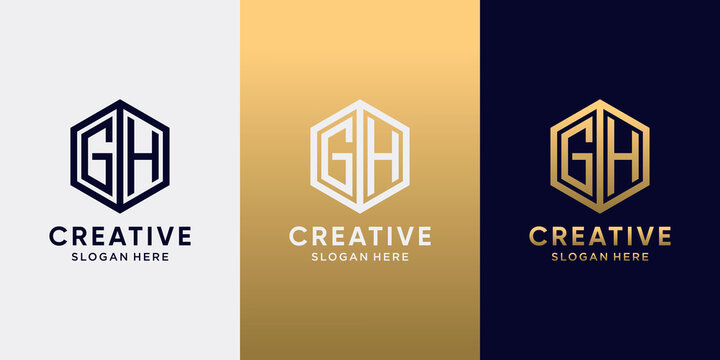 Creative monogram logo design initial letter GH with line art style and hexagon concept