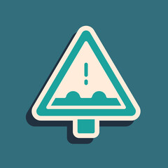 Green Uneven road ahead sign. Warning road icon isolated on green background. Traffic rules and safe driving. Long shadow style. Vector