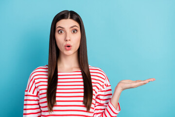 Portrait of attractive amazed funky girl holding on palm copy space stupor isolated over bright blue color background