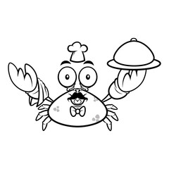 Black and white cartoon illustration of big fat crab wearing chef hat and holding a cloche and arm towel, suitable for coloring book of kids with seafood restaurant themes