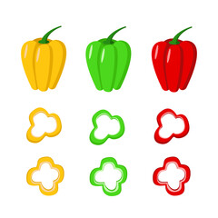 Set of Bulgarian peppers and slices. Colored sweet pepper vector illustration isolated on white.