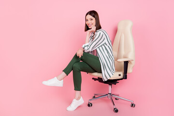 Full body profile side photo of young girl happy positive smile sit stool rest relax isolated over...