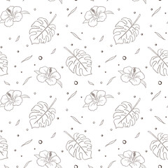 Line Art Tropical Flowers and Monstera Leaves Seamless Pattern for background, wrapping paper, package, web, wallpaper, spa and beauty care products, fabric, textile