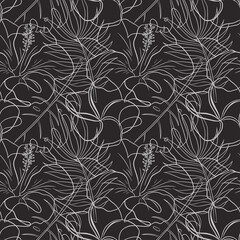 Line Drawing Abstract Jungle Seamless Pattern. Line Art tropical plants ornament for background, backdrop, wallpaper, wrapping paper, package, web, spa and beauty care products, fabric, textile