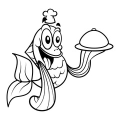 Black and white cartoon illustration of fish wearing chef hat and holding a cloche, best for coloring book of kids with healthy seafood themes