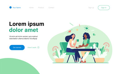 Fototapeta premium Female friends talking over cup of tea. Holding hand, giving comfort, coffee shop flat vector illustration. Communication, friendship concept for banner, website design or landing web page