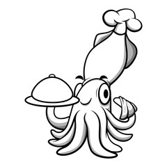 Black and white cartoon illustration of Squid wearing chef hat and holding cloche and arm towel, best for coloring book of children with healthy seafood themes