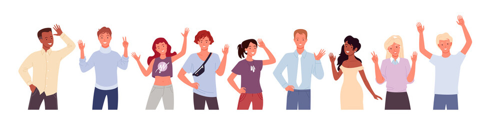 People greeting and waving hand vector illustration set. Cartoon diverse happy young man woman characters smiling and standing with welcome gesture, greet, say goodbye or hello isolated on white