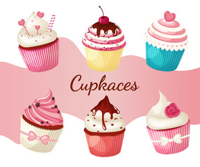 Cupcakes vector sweet set. Flat style