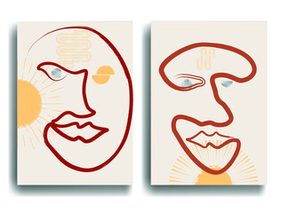 Modern poster with one line face and minimalist design elements . Grunge textured arch in Boho style  . Wall art , home deco . Vector abstract shape.