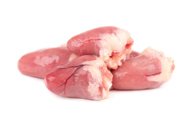 Chicken hearts raw isolated on white background. Fresh chicken broiler hearts. Close up.