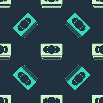 Green and beige Stacks paper money cash icon isolated seamless pattern on blue background. Money banknotes stacks. Bill currency. Vector
