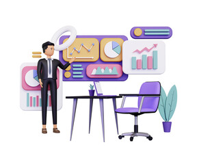 3d business man character standing explaining data information