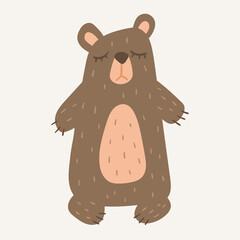 Cute isolated vector baby illustration. Cozy toy brown bear sticker. Cartoon children character of a fairy tale in a Scandinavian style.