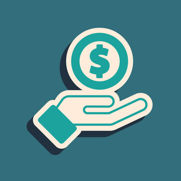 Green Human hand giving money icon isolated on green background. Receiving money icon. Long shadow style. Vector