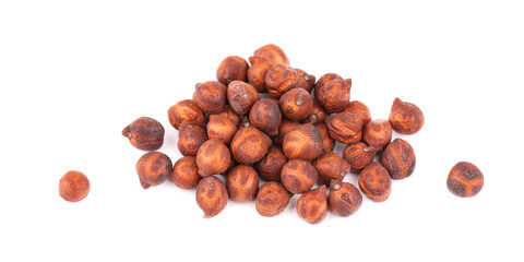 Fototapeta premium Pile of brown chickpeas, isolated on white background. Brown chickpea. Garbanzo, bengal gram or chick pea bean.