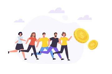  Cash race,  chasing for big money concept. Competitors striving for richness. Characters running to hit jackpot.  Vector illustration