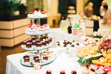 Delicious wedding reception candy bar dessert table