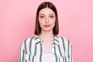 Fototapeta premium Photo of young attractive business woman serious confident calm manager isolated over pink color background