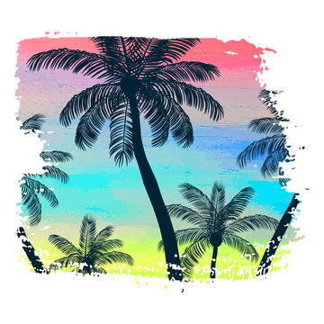 Handmade poster on watercolor brush stroke background with palm trees, creative summer pattern, print. Vector