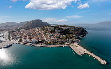 Fototapeta premium Nafplio or Nafplion city, Greece, Old town and fortress aerial drone view.