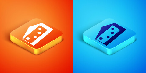 Isometric Piece of cake icon isolated on orange and blue background. Happy Birthday. Vector