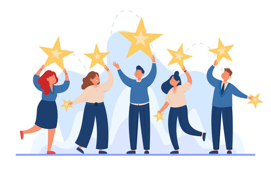Business team holding stars in hands flat vector illustration. Happy adults satisfying with service isolated on blue background. Best experience, customers feedback, rating concept