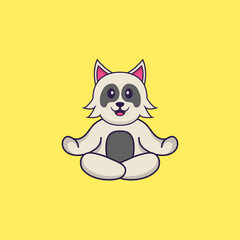 Cute dog is meditating or doing yoga. Animal cartoon concept isolated. Can used for t-shirt, greeting card, invitation card or mascot. Flat Cartoon Style
