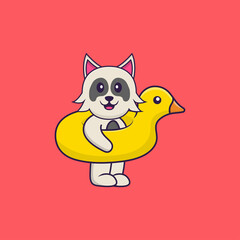 Cute dog With Duck buoy. Animal cartoon concept isolated. Can used for t-shirt, greeting card, invitation card or mascot. Flat Cartoon Style