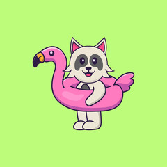 Cute dog With flamingo buoy. Animal cartoon concept isolated. Can used for t-shirt, greeting card, invitation card or mascot. Flat Cartoon Style