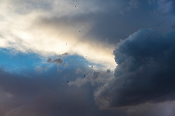Naklejka na ściany i meble Dramatic close-up clouds after rain. Sunset sky with clouds. Nature sky background.