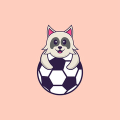 Cute dog playing soccer. Animal cartoon concept isolated. Can used for t-shirt, greeting card, invitation card or mascot. Flat Cartoon Style