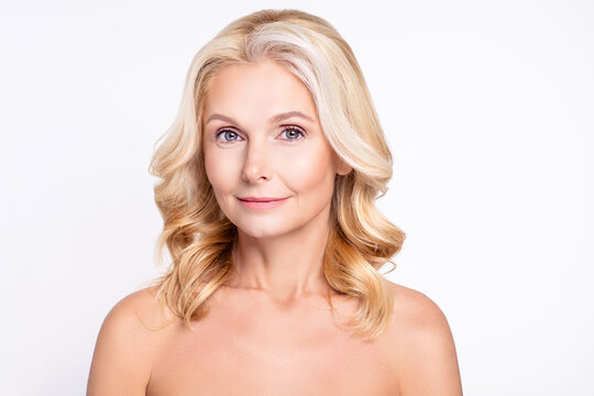 Portrait of attractive healthy grey-haired woman after detox botox effect injection isolated over white color background
