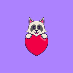 Cute dog holding a big red heart. Animal cartoon concept isolated. Can used for t-shirt, greeting card, invitation card or mascot. Flat Cartoon Style