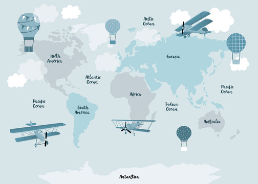 Vector world map for kids with cute cartoon planes and air balloons. Children's map design for wallpaper, kid's room, wall art. America, Europa, Asia, Africa, Australia, Arctica. Vector illustration.