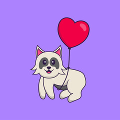 Cute dog flying with love shaped balloons. Animal cartoon concept isolated. Can used for t-shirt, greeting card, invitation card or mascot. Flat Cartoon Style
