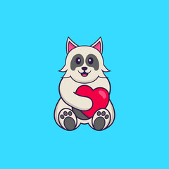 Cute dog holding a big red heart. Animal cartoon concept isolated. Can used for t-shirt, greeting card, invitation card or mascot. Flat Cartoon Style