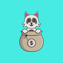 Cute dog playing in money bag. Animal cartoon concept isolated. Can used for t-shirt, greeting card, invitation card or mascot. Flat Cartoon Style