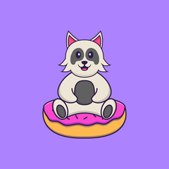Cute dog is sitting on donuts. Animal cartoon concept isolated. Can used for t-shirt, greeting card, invitation card or mascot. Flat Cartoon Style