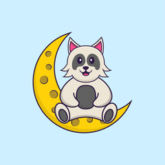Cute dog is sitting on the moon. Animal cartoon concept isolated. Can used for t-shirt, greeting card, invitation card or mascot. Flat Cartoon Style