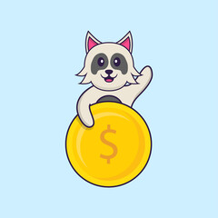 Cute dog holding coin. Animal cartoon concept isolated. Can used for t-shirt, greeting card, invitation card or mascot. Flat Cartoon Style