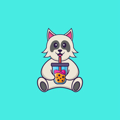 Cute dog Drinking Boba milk tea. Animal cartoon concept isolated. Can used for t-shirt, greeting card, invitation card or mascot. Flat Cartoon Style