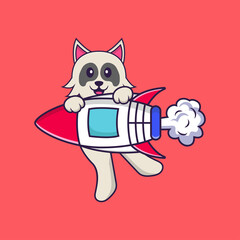 Cute dog flying on rocket. Animal cartoon concept isolated. Can used for t-shirt, greeting card, invitation card or mascot. Flat Cartoon Style