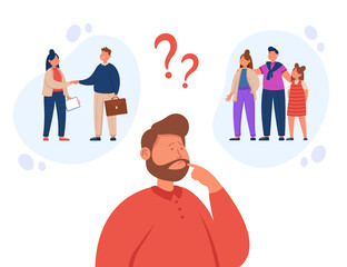 Man making choice between family and work. Male character having life concerns and troubles flat vector illustration. Difficult decision, business, difficulty concept