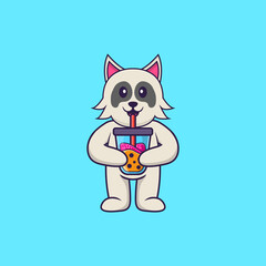 Cute dog Drinking Boba milk tea. Animal cartoon concept isolated. Can used for t-shirt, greeting card, invitation card or mascot. Flat Cartoon Style