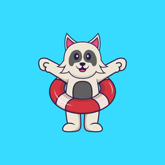 Cute dog using a float. Animal cartoon concept isolated. Can used for t-shirt, greeting card, invitation card or mascot. Flat Cartoon Style