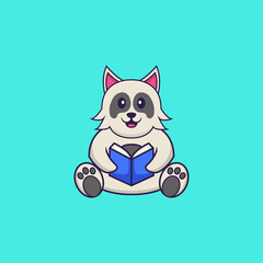 Cute dog reading a book. Animal cartoon concept isolated. Can used for t-shirt, greeting card, invitation card or mascot. Flat Cartoon Style