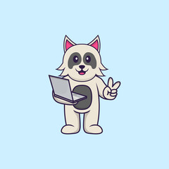Cute dog holding laptop. Animal cartoon concept isolated. Can used for t-shirt, greeting card, invitation card or mascot. Flat Cartoon Style